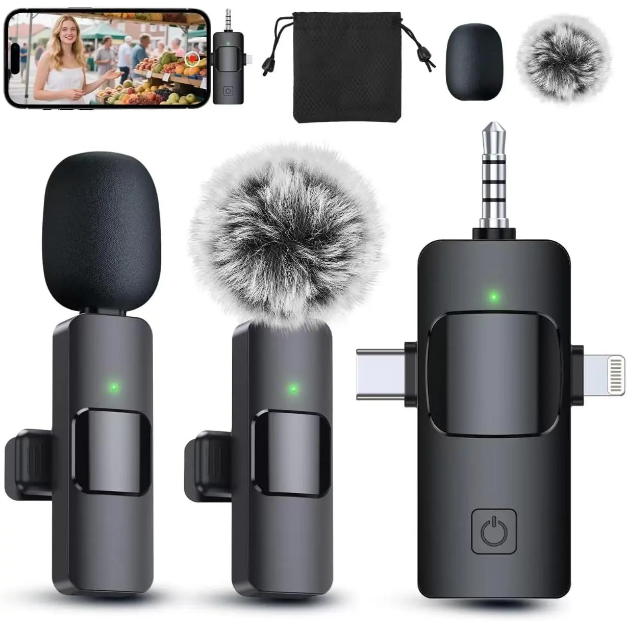3 in 1 Professional Wireless Lavalier Microphone for iPhone, Android, Camera, Wireless Microphones, Mini Microphone, Crystal Clear Sound Quality for Recording, Live Streaming, Microphone Clips