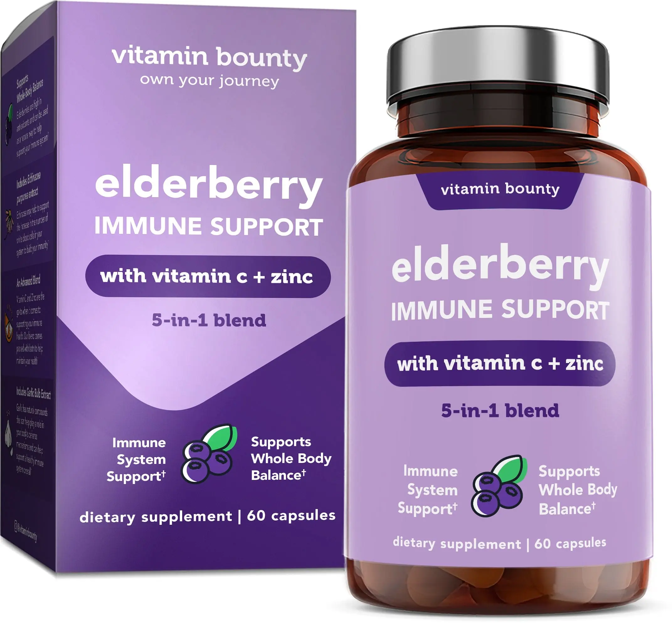 Vitamin Bounty Elderberry Immune Support Healthcare Edible Dietary Supplement - 5-in-1 Advanced Blend with Elderberry, Zinc, Vitamin C, Echinacea, Antioxidants - Sugar-Free, Gluten-Free, 60 Capsules (2 Pack) for Immune System Health