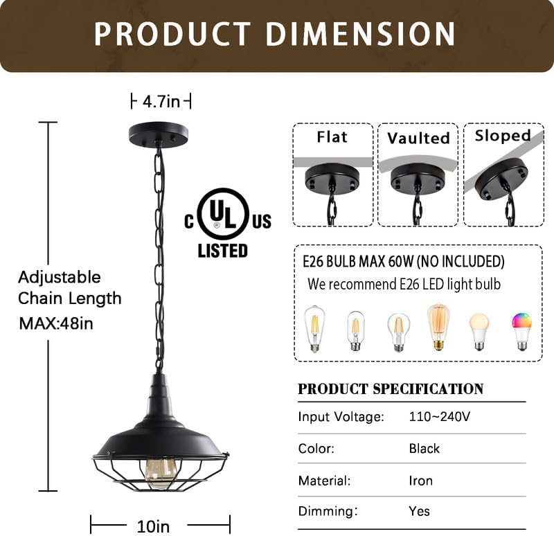 Black Farmhouse Pendant Light, 2 Pack Industrial Vintage Metal Wire Cage Hanging Light with Adjustable Chain for Kitchen Barn Hallway Porch Dining Room