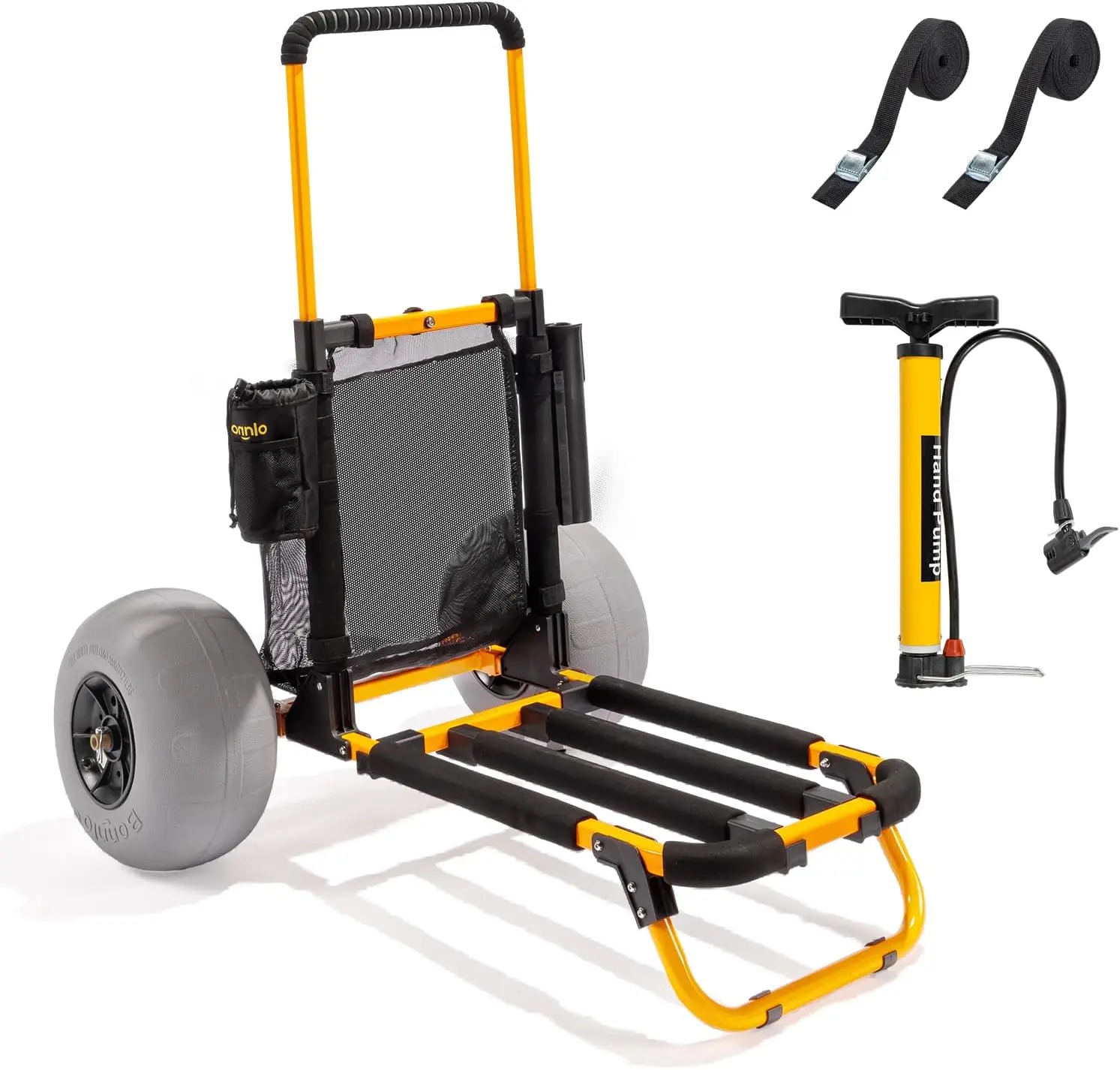 Beach Fishing Cart, Beach Wagon Trolley with 12" Big Balloon Wheels for Sand Foldable Beach Trailer with 23" x 15" Cargo Deck, Fishing Rods Holder, Water Bottle Holder, Mesh Bag, Hand Pump