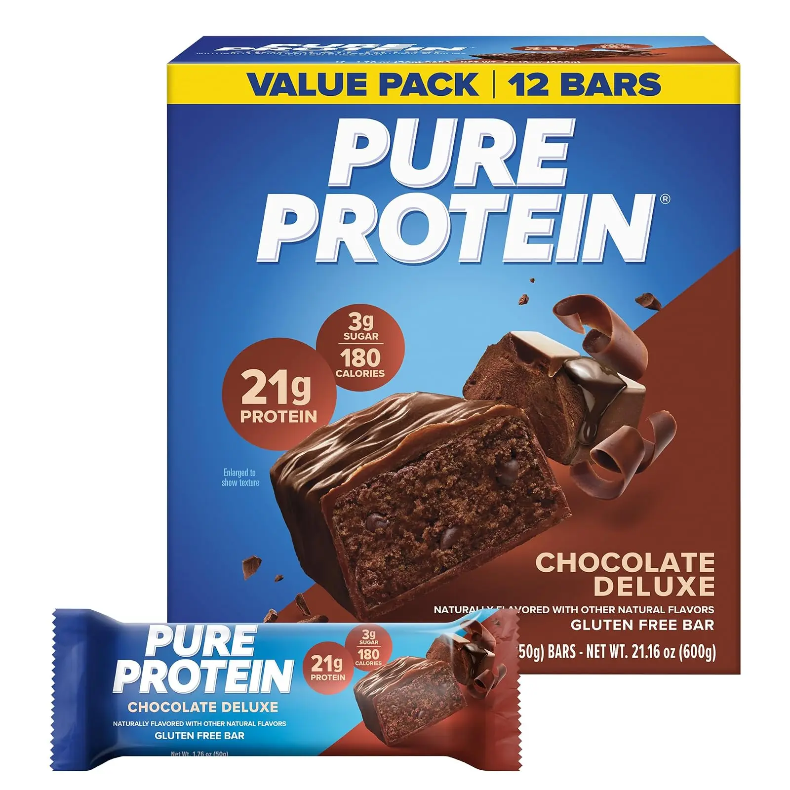 Chocolate Deluxe Protein Bars – 21g Protein, 3g Sugar, 190 Calories (12 count) Low Sugar* High Protein Snack - Gluten Free - Perfect for a Healthy Snack