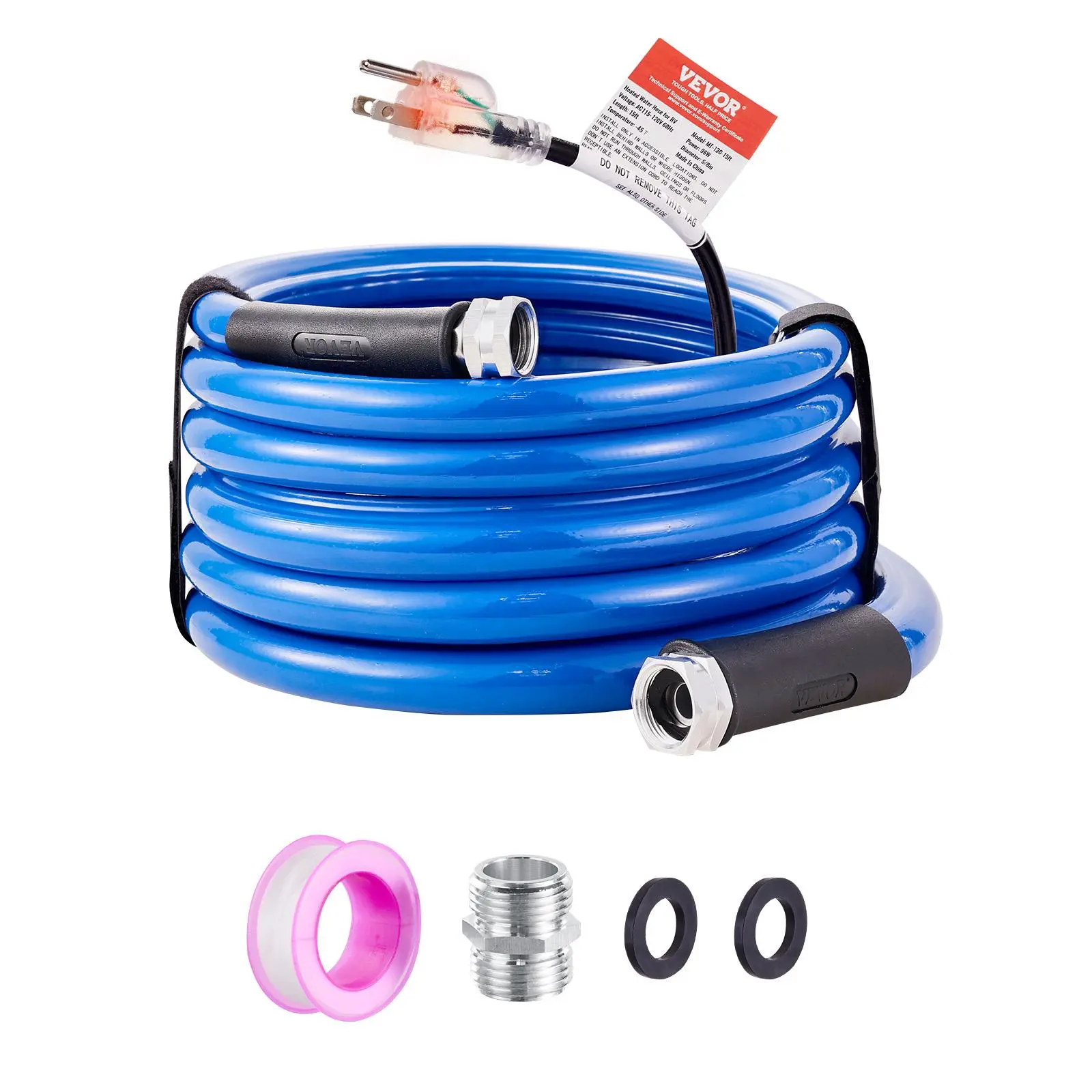 VEVOR 15ft Heated RV Drinking Water Hose, -45°F Antifreeze Automatic Self-Regulating, 5/8" I.D. with 3/4" GHT Adapter, Lead-Free, BPA-Free