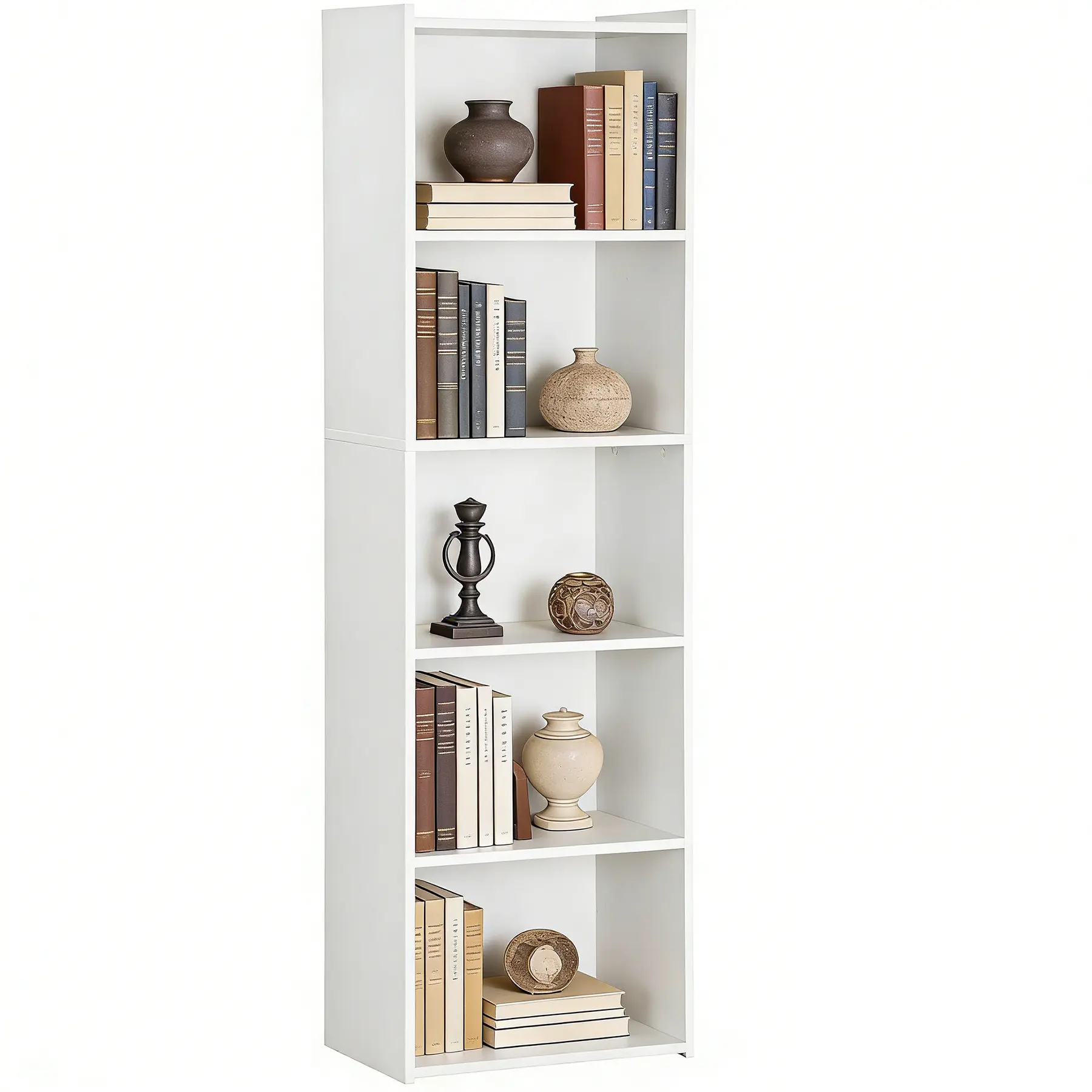 White 5-Tier MDF Open Modern Bookshelf Furniture - Tool-Free Anti-Tip Organizer Storage with Stable Base, Shelves for Bedroom, Room Storage Upgrade for Small Apartment Decor, Assembly Guide