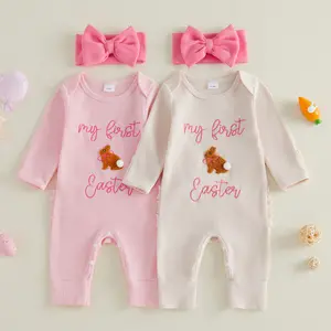 My First Easter Newborn Infant Baby Girl Jumpsuit Outfit Long Sleeve Embroidery Letters Rabbit Jumpsuit with Headband Easter Clothes