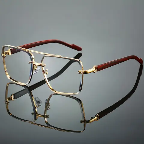 Fashion Vintage Metal Dual Beam Glasses, Vintage Metal Frame Glasses, Unique Versatile Wood Texture Legs, Retro Style Eyewear, Anti-Blue Light Protection, Bluelight Glasses, Trendy Frames, Trending Glasses, Stylish Glasses, Fashion Eyeglasses
