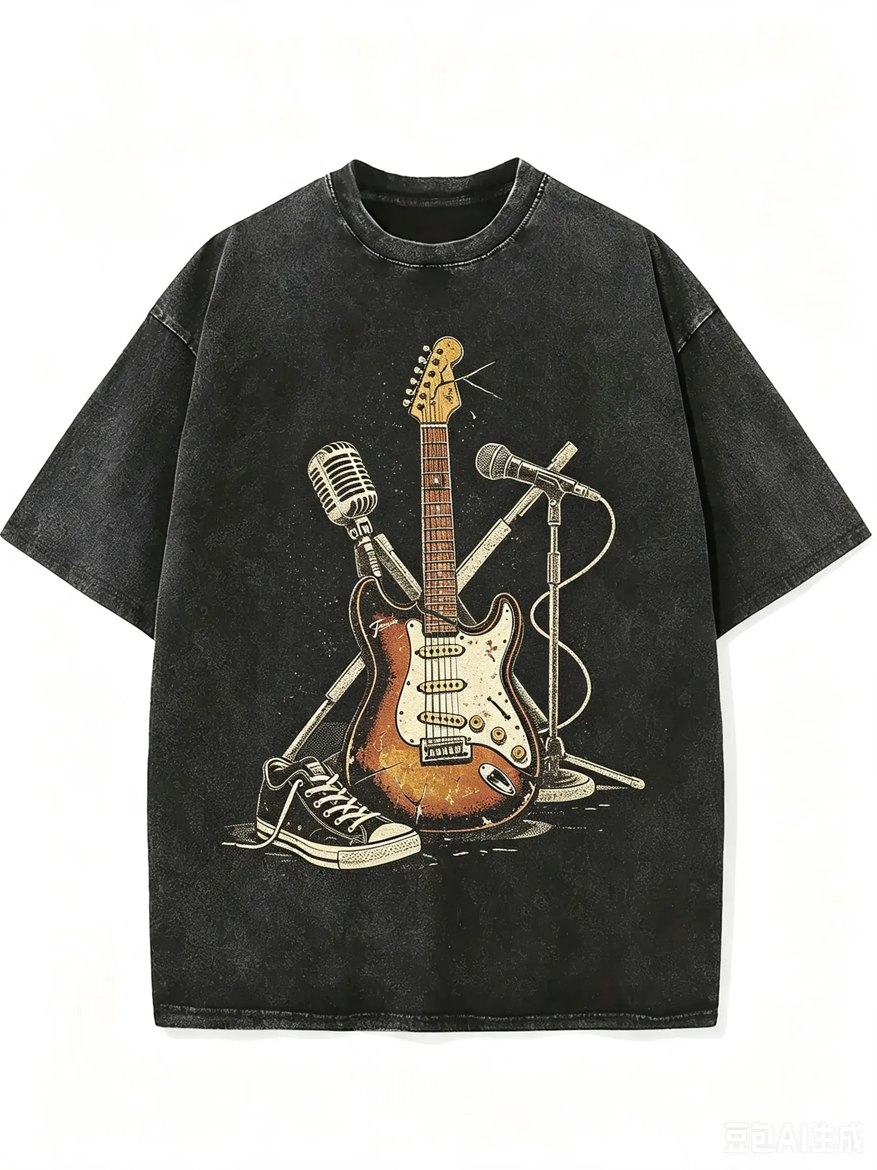 Retro Grunge style electric guitar microphone sports shoe pattern T-shirt Retro rock music oversized washed pattern T-shirt