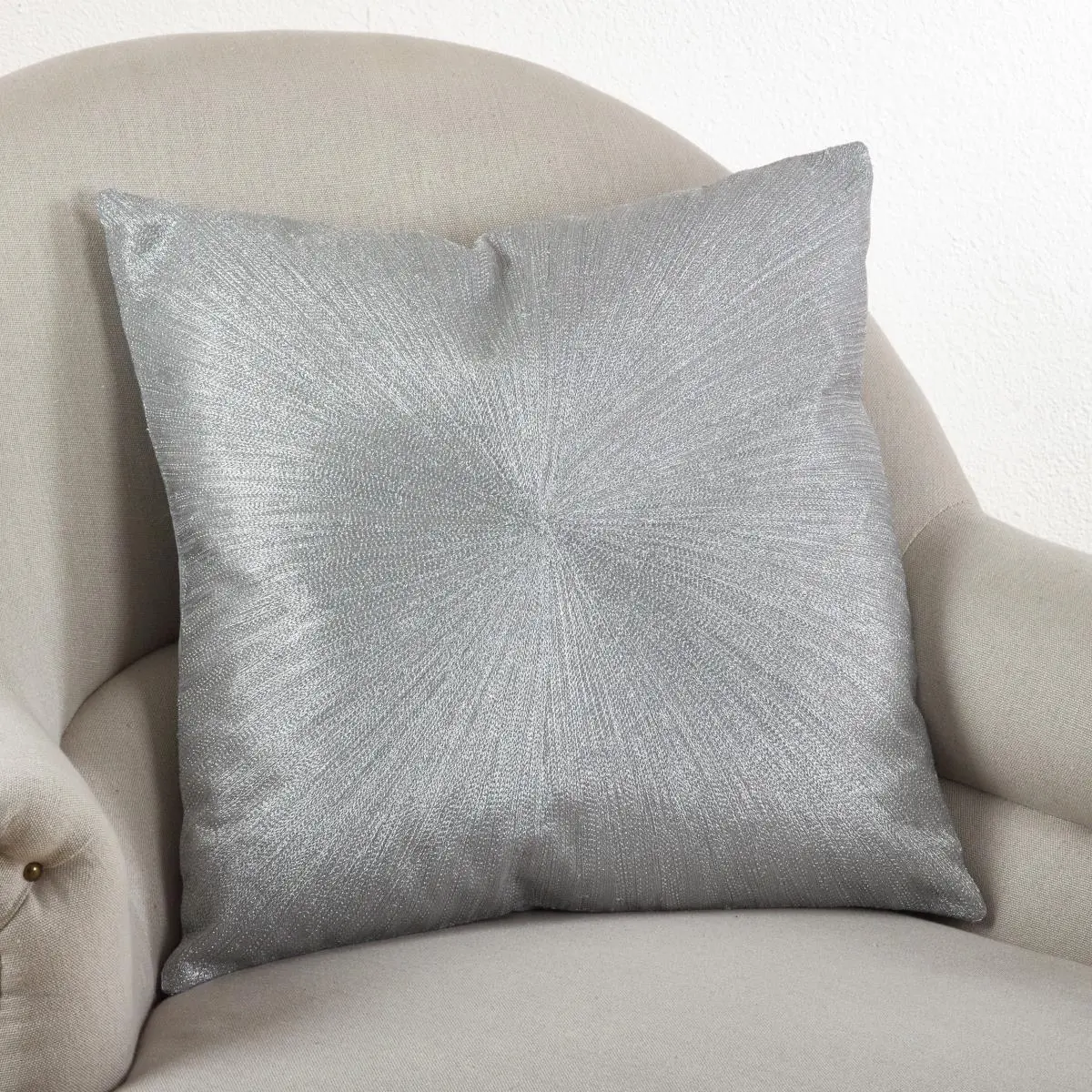 SARO Shimmering Starburst Print Square Throw Pillow - 20 in. Square Shape, Cotton Cover, Duck Feather Inserts, Silver, Shimmer Effect, Contemporary Look, Hand Wash Only, Shimmering Starburst Design