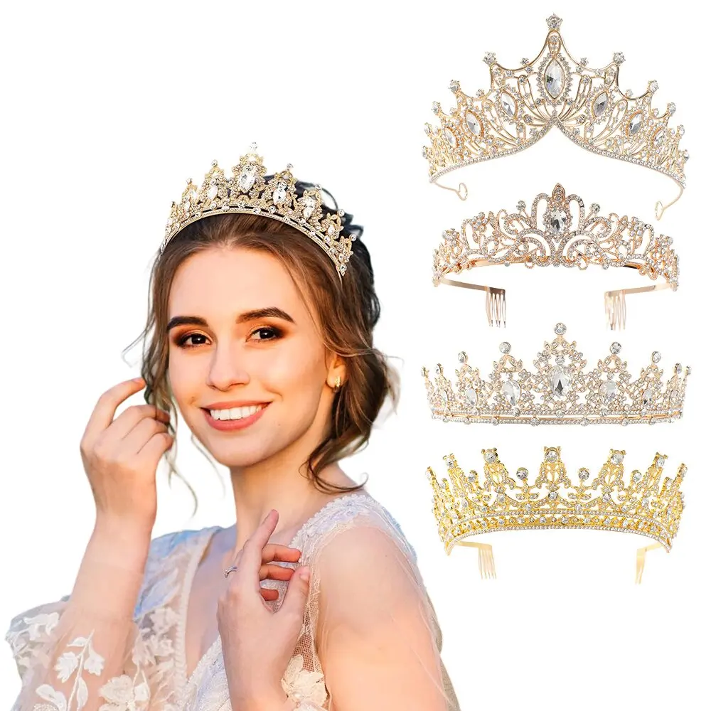 4 pcs Rhinestone Queen Headband Crystal Princess Tiara Rhinestone Brides Crown Crystal Headband for Wedding Birthday Quinceanera Pageant Prom Fashion Accessories