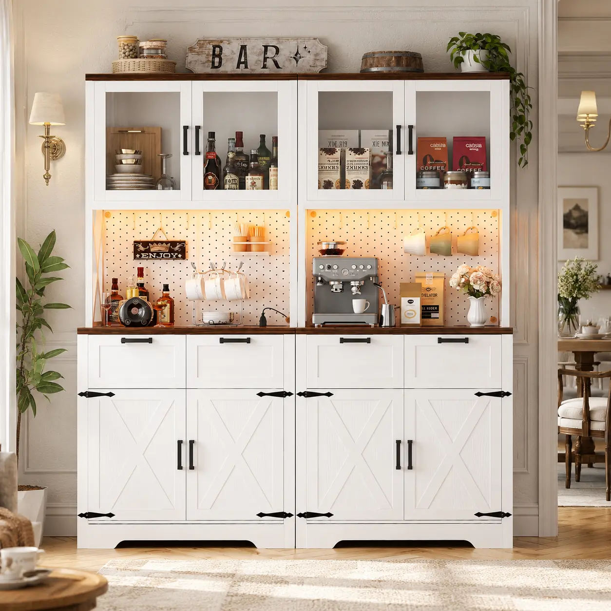 Homieasy 71" Tall Kitchen Pantry Storage Cabinet with LED Light & Outlet, Pantry Cabinet with Microwave Stand, DIY Pegboard, Drawers and Adjustable shelf, Farmhouse Kitchen Hutch for Dining Room, Furniture