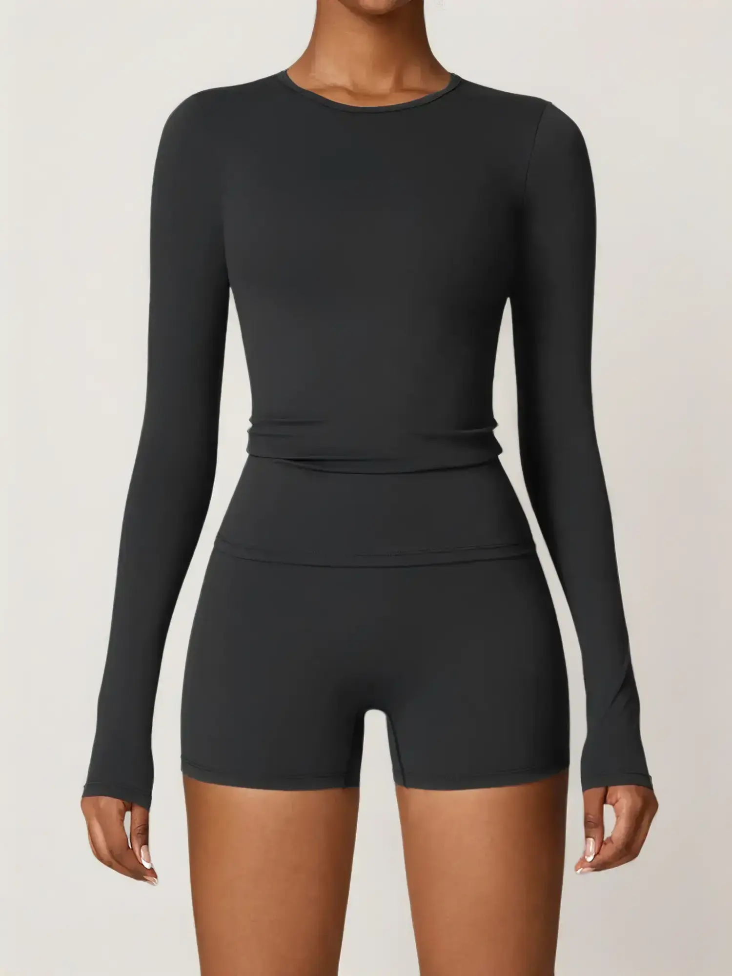 Two-Piece Set Women's Solid Long Sleeve Tee & High Waist Shorts Tracksuit Set, Sporty Round Neck Top & Skinny Shorts, Ladies Sportswear for Indoor Outdoor Wear