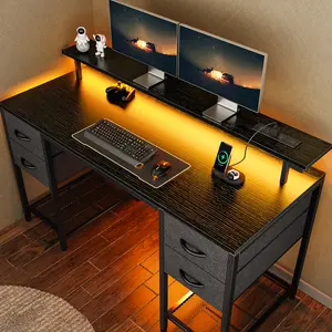 Huuger Computer Desk with 4 Drawers, Gaming Desk, LED Lights & Power Outlets and USB-C Port, Home Office Desk with Large Storage Space for Bedroom