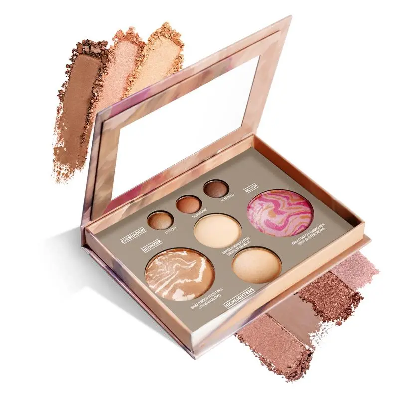 7-Shade Multifunctional Baked Makeup Palette - Shimmer and Shine Eyeshadow, Blush, Bronzer, Brightening Highlighter, Solid Long-Lasting Face Cosmetics for All Skin Tones, Easy to Apply Shade Glowy Makeup Glam Face Palette