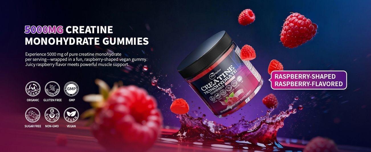 Creatine Monohydrate Gummies 5000mg for Men & Women, Organic Pure Creatine Gummies | Sugar Free,Vegan, Non-GMO,Raspberry Flavor, 120 Count