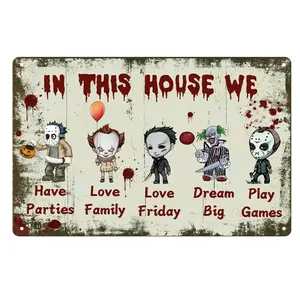 Halloween Decorations Outdoor Indoor - Vintage Tin Signs Horror Decor, Horror Gifts for Women, Men, Fans, Room Windows Door Decor, In This House We Love 8 x 12inch