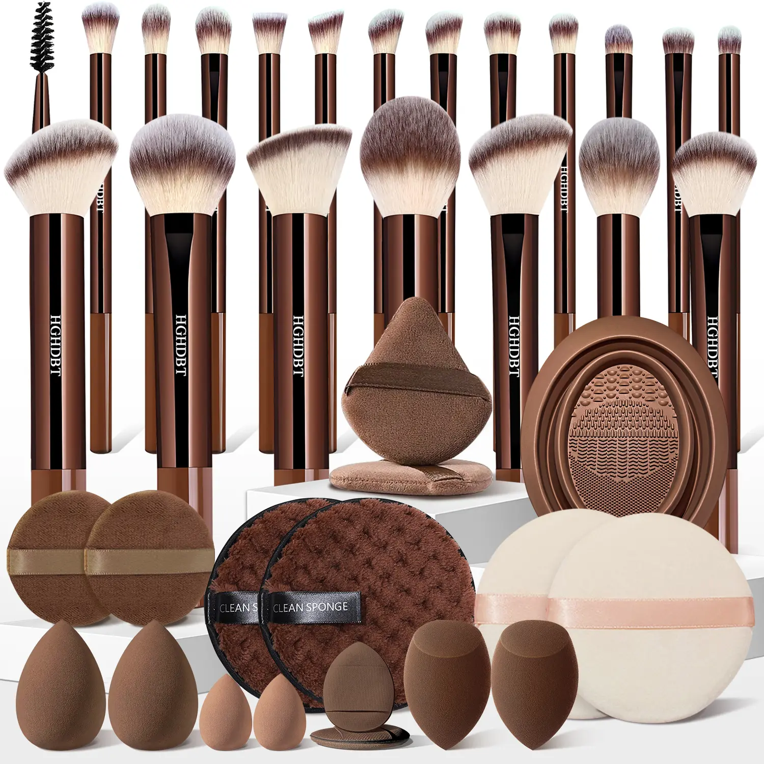 37Pcs Facial Makeup Tools Set, 20Pcs Brown Premium Synthetic Makeup Brushes Set with Makeup Sponges Set, Cleaning Tools, Makeup Puffs, Professional Make up Brushes Set, Travel Makeup Tools for Women and Girls