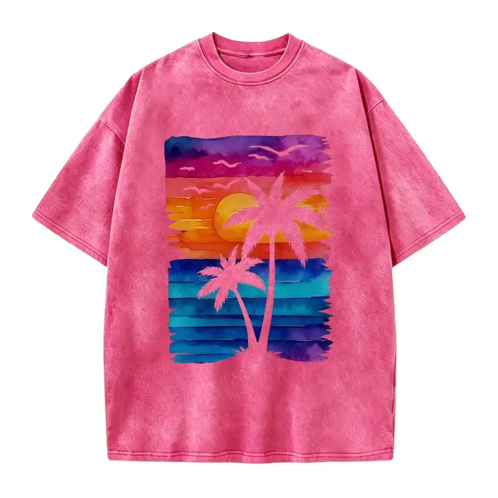 Retro Beach Sunset Graphic T Shirt 100% Cotton Colorful Watercolor Palm Tree Tee Tropical Vacation Short Sleeve Crew Neck Casual Unisex Summer Streetwear Coastal Travel Everyday Wear Gift for Women Men