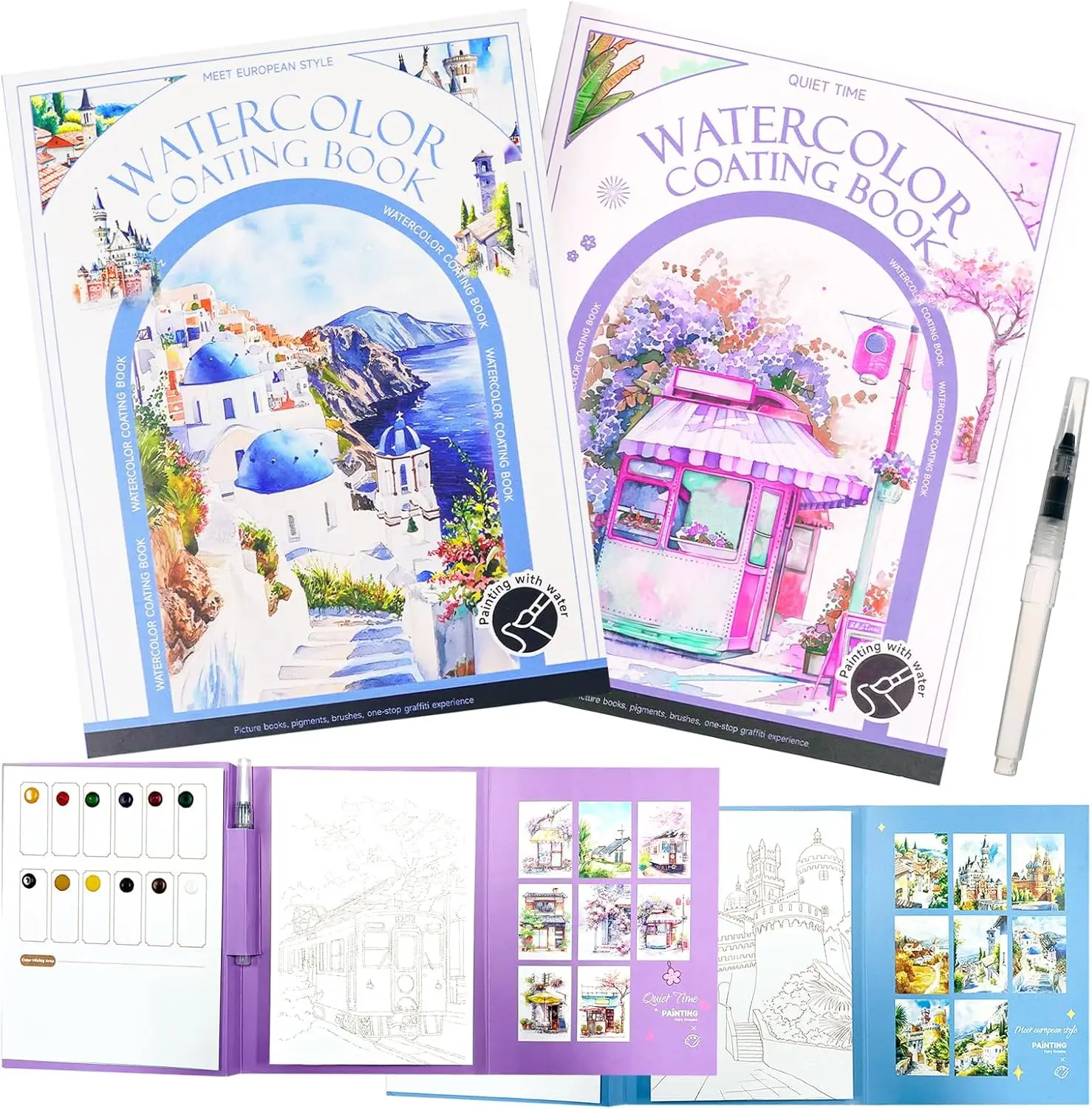 Watercolor Painting Art Kit for Adults & Beginners - All-in-1 Stress Relief Home Creative Set with 3-Fold Pad, 32 Pre-Printed Pages, 24 Colors, 2 Brushes (Starry Dream + Butterfly Dance)