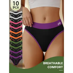 Women's QUASTI 10pcs/5 Mix Colors Mid-Waisted Contrasting Color Lady Panty Set - High Elasticity, Hip-Lifting, Breathable Fabric, Cheeky Bikini Briefs, Casual Chic Soft Comfortable Valentine Underwear (S-XXL)