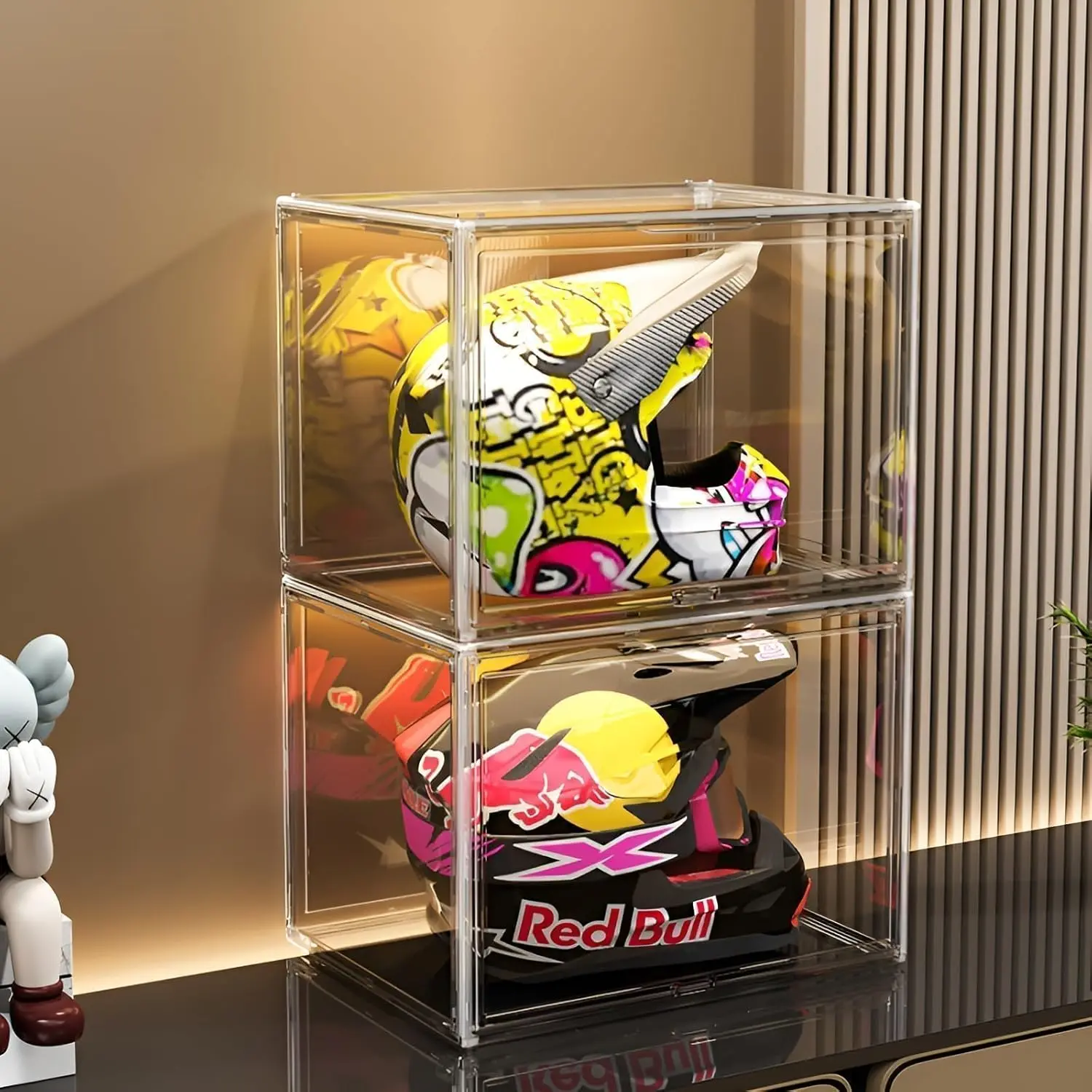 XL Large 17.7"X13"X13" Clear Stackable Plastic Storage Bin with Door, Dustproof Action Figure Collectibles Display Case, Helmet Showcase Box for Football Basketball Motorcycle, Showcase Organizer