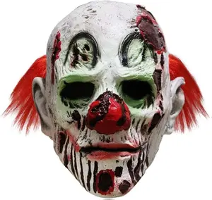 Halloween Scary Evil Clown Mask Horror Face Zombie Costume Natural Latex One Size Fits Most Adults Classic Evil Cold Expression with Red Hair