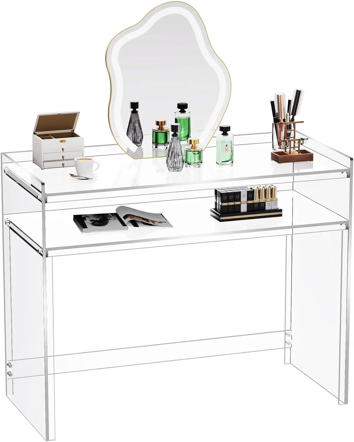 Acrylic Clear Vanity Dressing Table with Storage Shelves, 17.7" D x 39.4" W x 31.5" H - Indoor Bedroom Furniture Desk homedecor