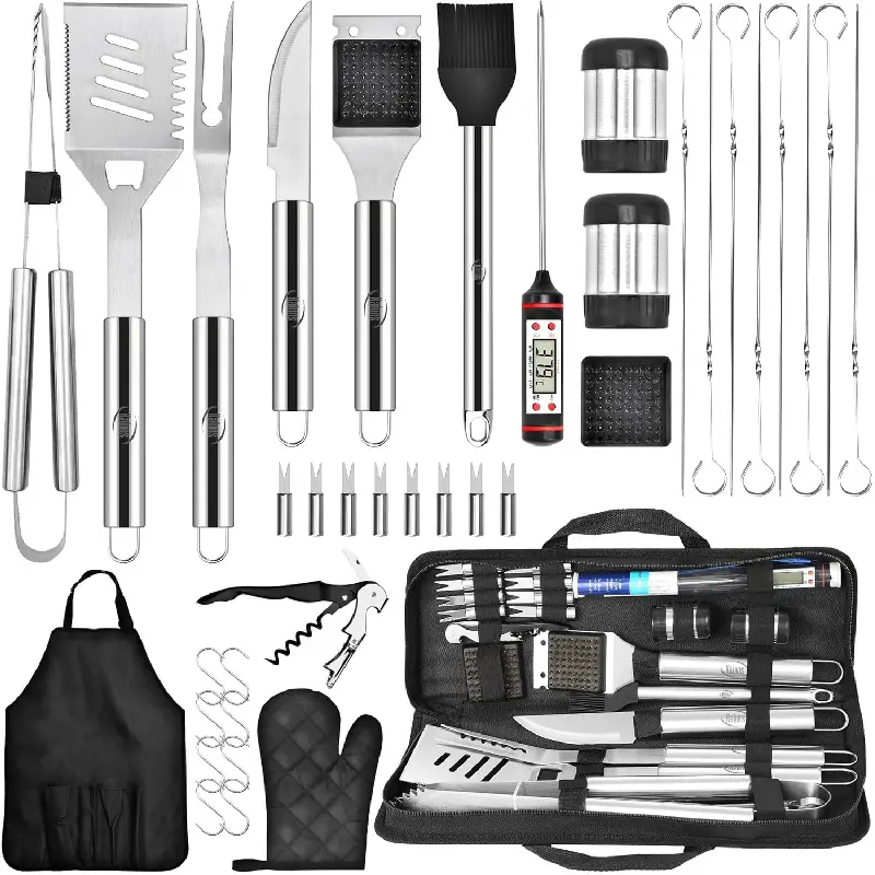 Grilling Accessories BBQ Grill Set, Heavy Duty Stainless Steel Grill Tools with Meat Thermometer, Carrying Case & Apron, Father’s Day Gifts for Dad, Outdoor BBQ Accessories for Men