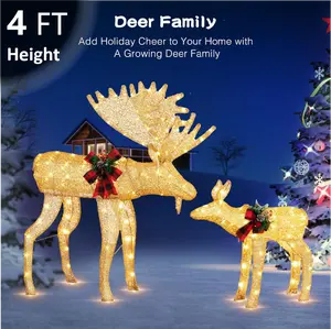 Walsunny 2-Piece Lighted Christmas Deer Family Decoration, 4FT Pre-Lit Metal Christmas Ornaments for Outdoor/Indoor, Yard, Holiday, Xmas Set, Box Gift