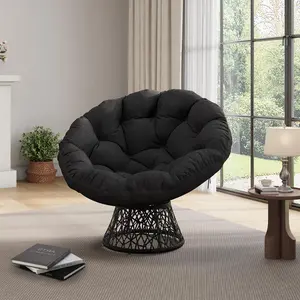 360° Swivel Papasan Chair with Ottoman – Oversized, 6-Inch Thick Quick-Dry Cushion – All-Weather Handwoven Wicker – 350 lbs Capacity – Rain-Resistant – Indoor/Outdoor for Balcony, Backyard, Porch, Bedroom