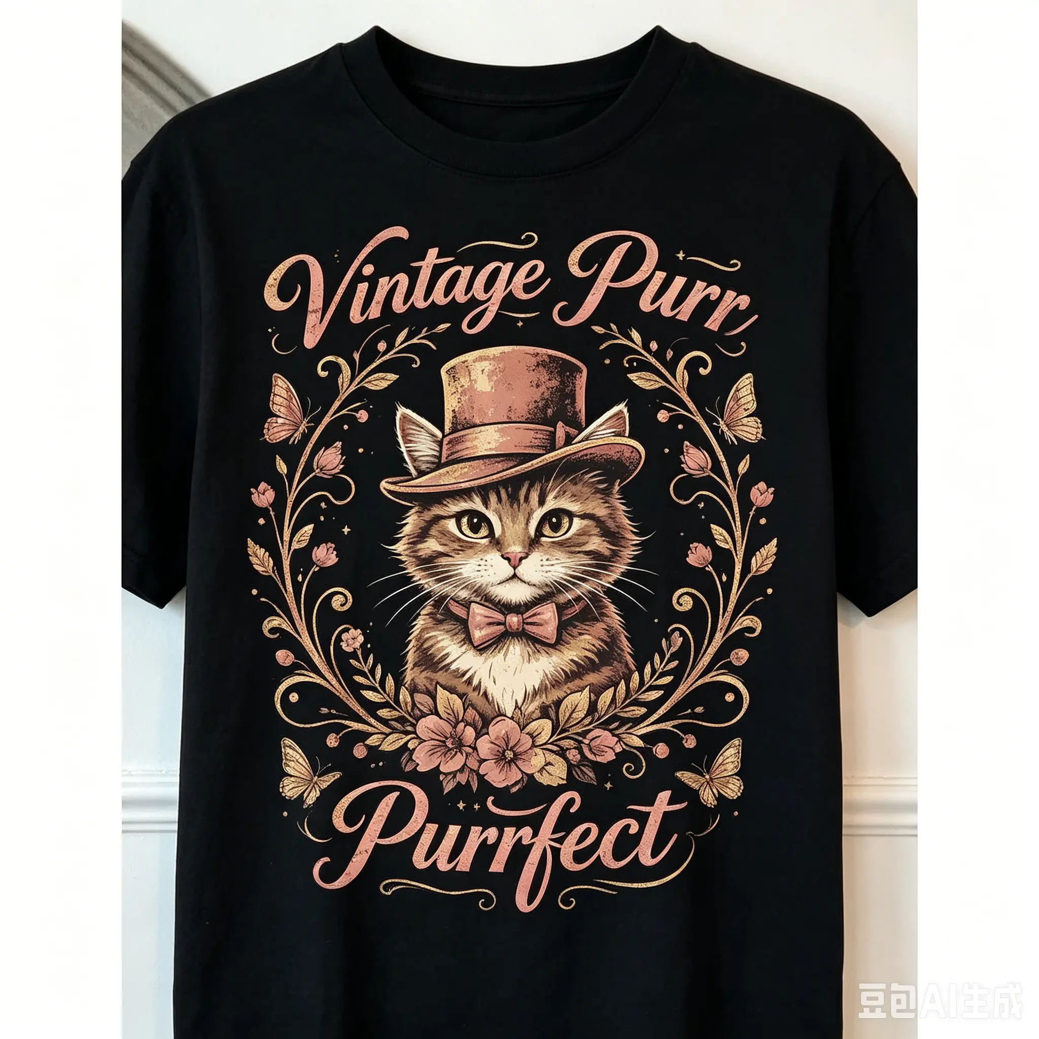 Vintage Short-Sleeve Round Neck Casual T-Shirt - Distressed Oversized Comfort Colors Streetwear Sports Top with Purrfect Gentleman Kitten Butterfly Graphic, Shortsleeve, Tshirt