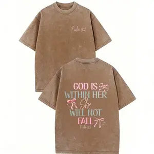 230g Washed Cotton T-Shirt - Dual-Sided Inspirational Design "GOD IS WITHIN HER SHE WILL NOT FALL" & Psalm 46:5, Retro Vintage Loose Fit Unisex Top for Men & Women, Spring Summer Casual Wear