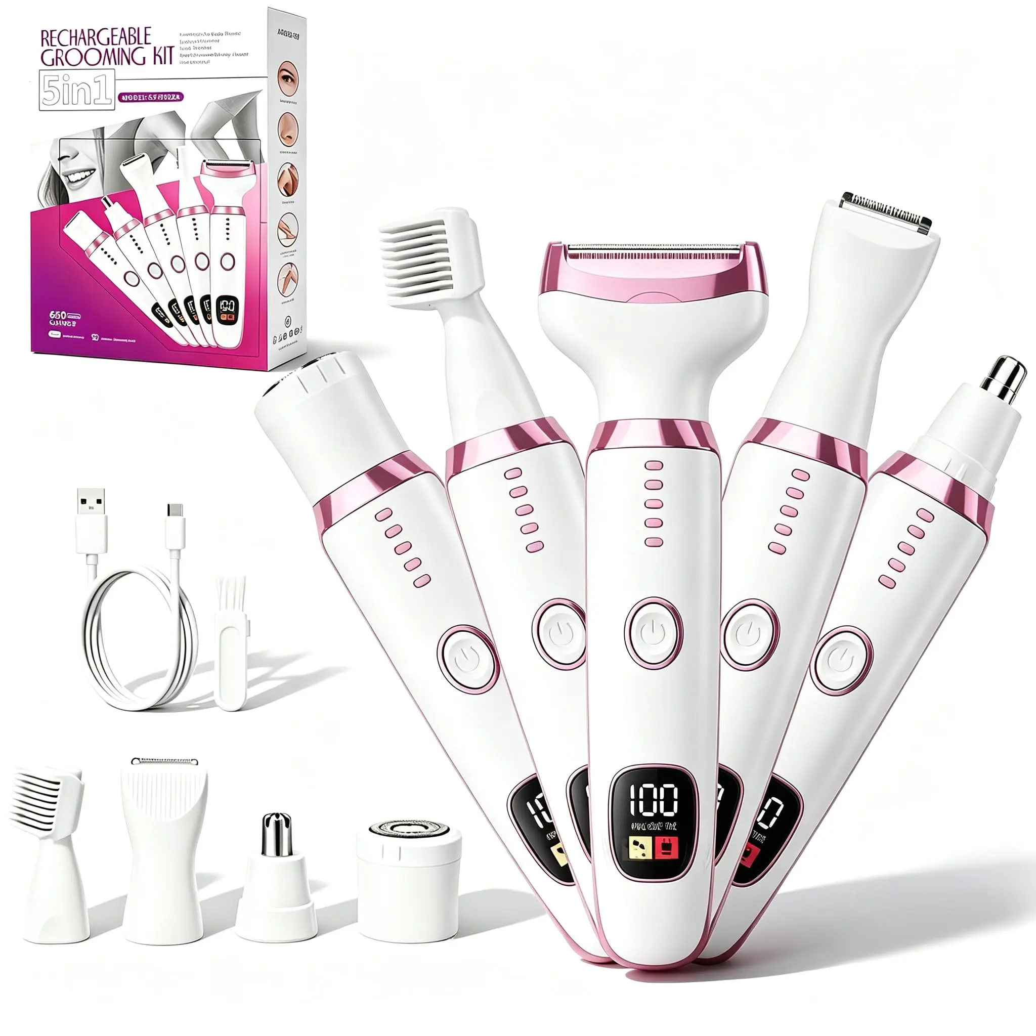Electric Razor for Women, Rechargeable Shaver, 5-in-1 Bikini Trimmer & Body Shaver for Nose Hair Face Eyebrow Arms Legs Armpit Underarm Pubic Area, Rechargeable Wet/Dry Painless Hair Removal