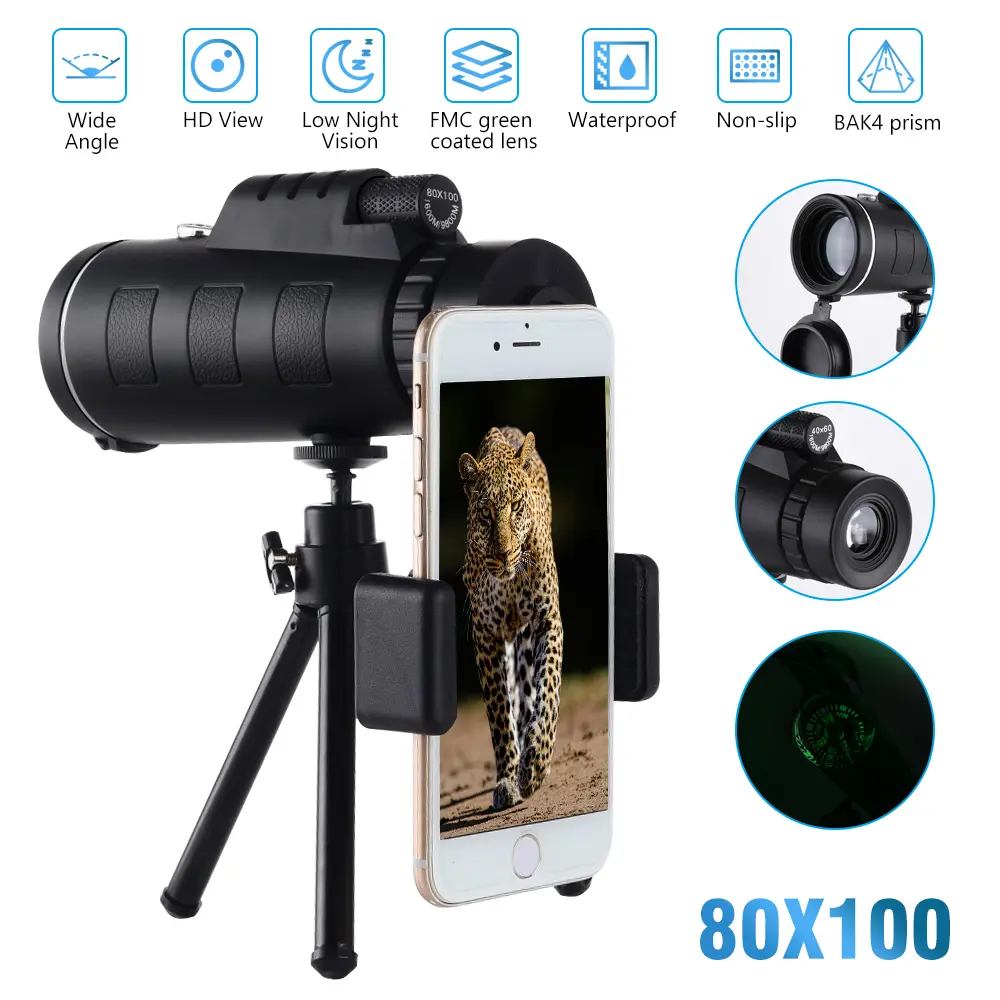 【DealsForYou】80x100 Binoculars with Tripod Cell Phone Adapter Monocular Telescope Aiming Shooting Hunting Bird Watching Black, BAK4 HD Waterproof Bird Watching Binoculars