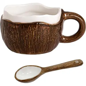 Ceramic Coffee Mug with Spoon, Coconut Shell Shape Mugs, Tea Cup Milk Oatmeal Breakfast Mug, Novelty Mugs Elegant Christmas Gifts for Home Office