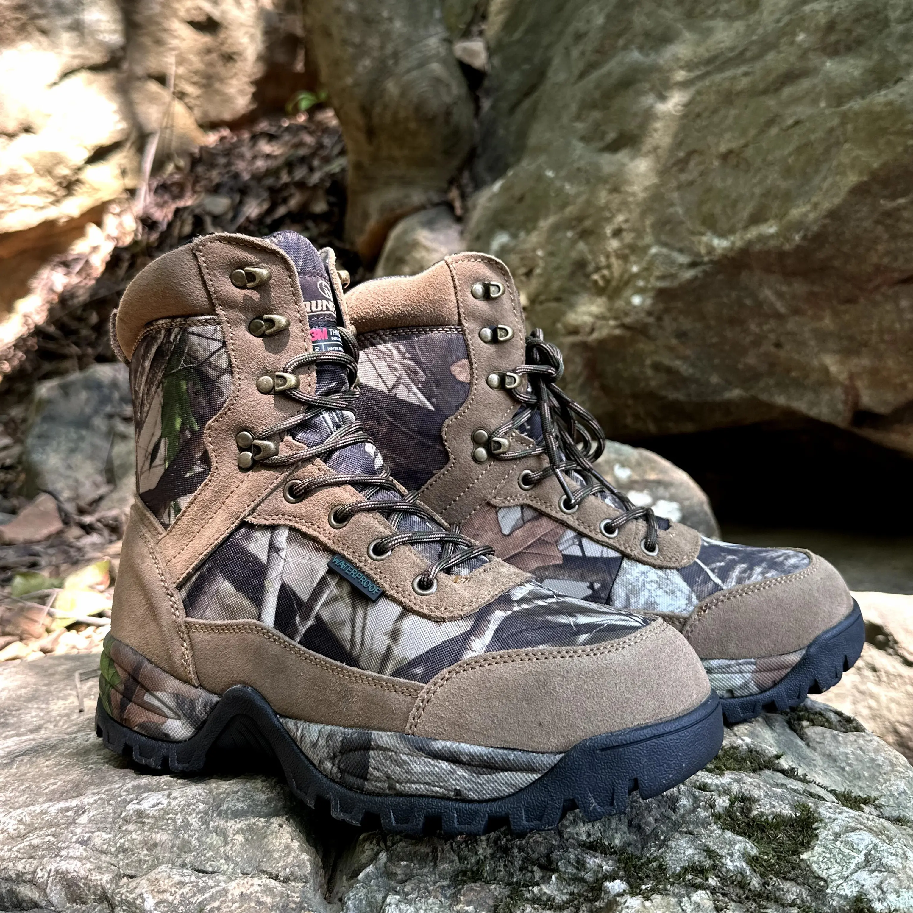 [RUNFUN]Men's Hunting Boots Waterproof Hiking Boots Lightweight Camo Work Boots, 8 Inches Insulated Outdoor Shoes, 400g Thinsulate