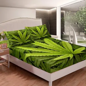 Feelyou Cannabis Leaf Printed Luxury Fitted Bedsheet Set - Unique Bedding Set with Green Nature Bed Cover, Bedsheet Sets