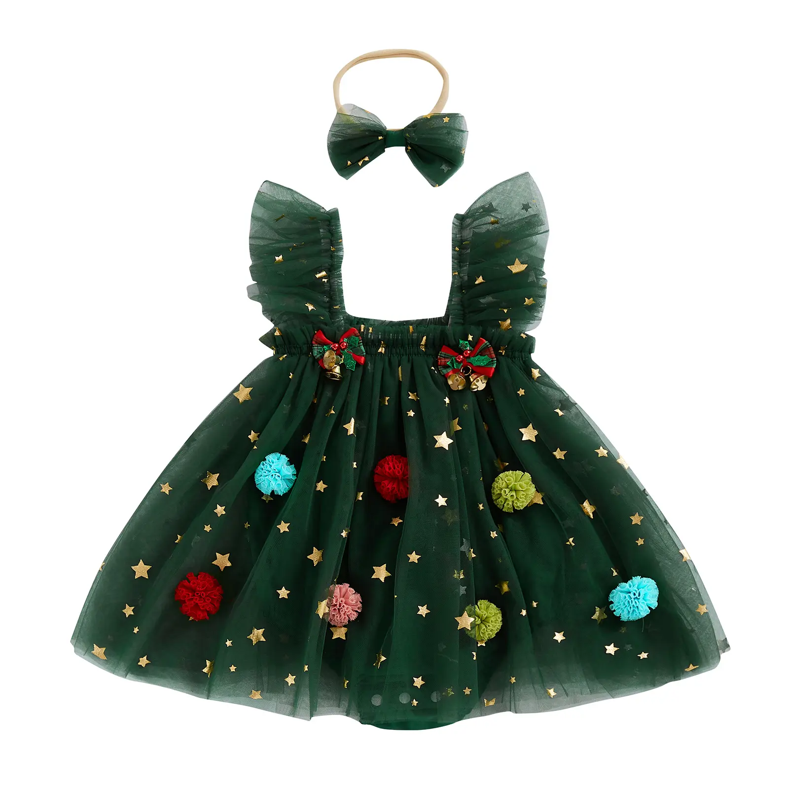 Baby Girls' Christmas Romper Outfit, Sleeveless Cotton Tutu Bodysuit Dress with Pompom Tree & Bells, Includes Glow Headband for 1st Xmas Photo Shoot, 6 - 9 Months