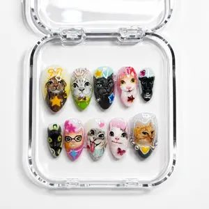 Funny Cat meme Press On Nails | Handmade Kawaii Kitty Nail Set | 3D Animal Portrait Nails | Glossy Statement Nails