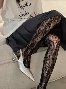 A pair of elegant Chic French floral lace tights for women, featuring a floral pattern, perfect for fashionable women and fashion enthusiasts. Available in black, fuchsia, white, and other colors, Womenswear