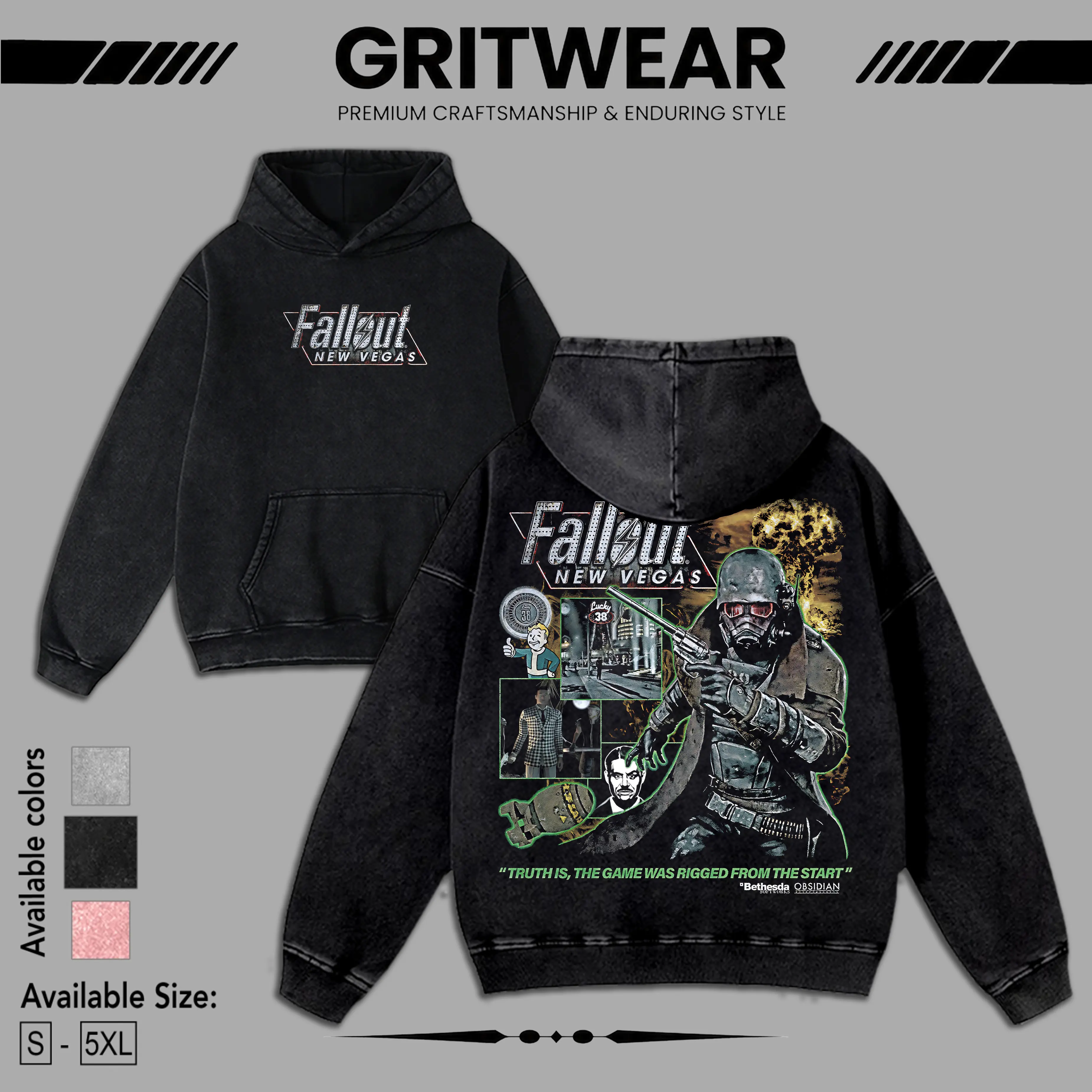 Vintage Fallout 3 New Vegas green Wash Unisex Game Shirt Gift gamer Menswear Cotton Streetwear Comics Double-Side Washed T-shirt Gaming Retro Black Tee Top graphic Casual Hoodie Crewneck Shortsleeve