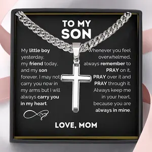 Cross Cuban Chain 4mm Width Necklace for Boys and Men Silver Tone with Inspirational Message Card and Gift Box Packaging