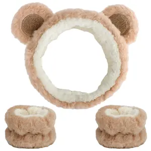 Face Wash Headband with Wrist Towels - Soft Coral Fleece Spa Makeup Headband, Cute Animal Elastic Skincare Design with Bear Ears
