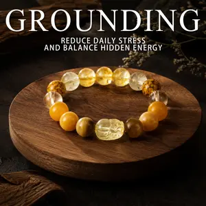 LUMAWU Yellow Crystal Pixiu Bracelet with 16mm Beads, Stretchy Lucky Charm for Grounding, Balance & Protection