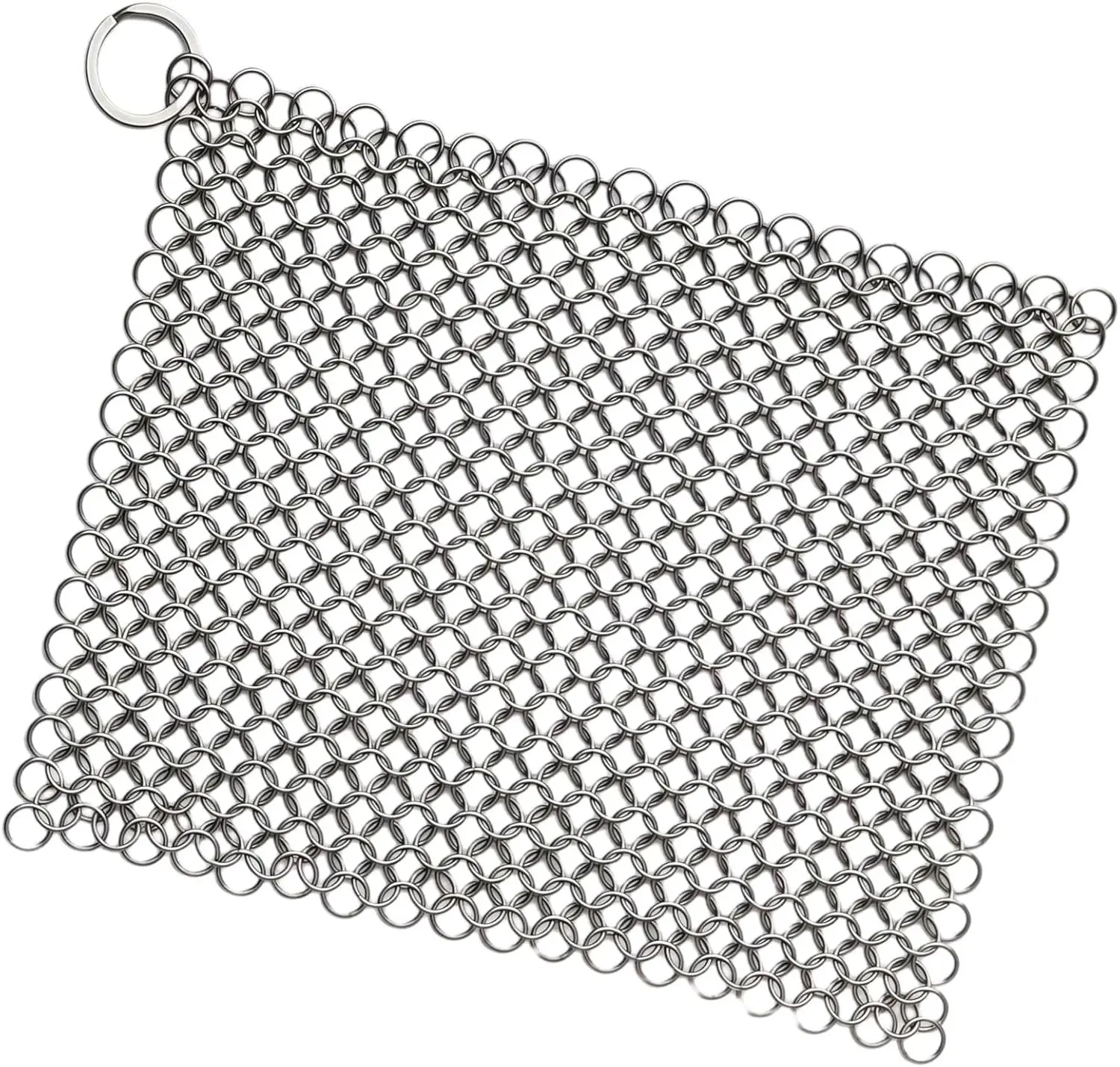 Durable Stainless Steel Chainmail Cast Iron Scrubber (8x6 in) - Cookware Care Tool for Pre-Seasoned Pans, Grills, Other Cookware - Rust-Proof, Anti-Fouling, Removable & Washable, Hangable for Hook Storage, Ideal Gift, 8 X 6 Inches