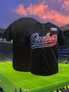 Men' Cuba Stitched Baseball Jersey, Trendy Letter Embroidery Baseball Shirt V Neck Short Sleeve Casual Sports Top, Loose Fit Unisex Breathable Sportswear, All Season Wear