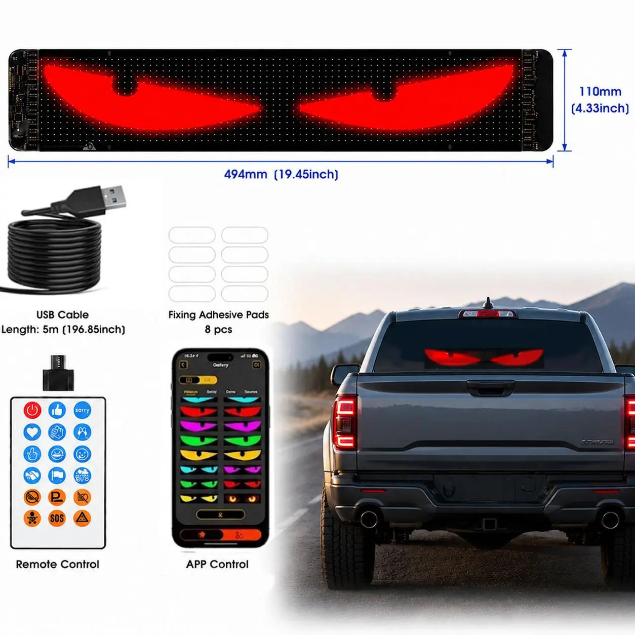 LED Eyes for Car Windshield 19.37'' x 4.33'', Programmable Animated Devil Eyes Light for Windshield, APP Control Customizable LED Matrix Display for Cars, SUVs