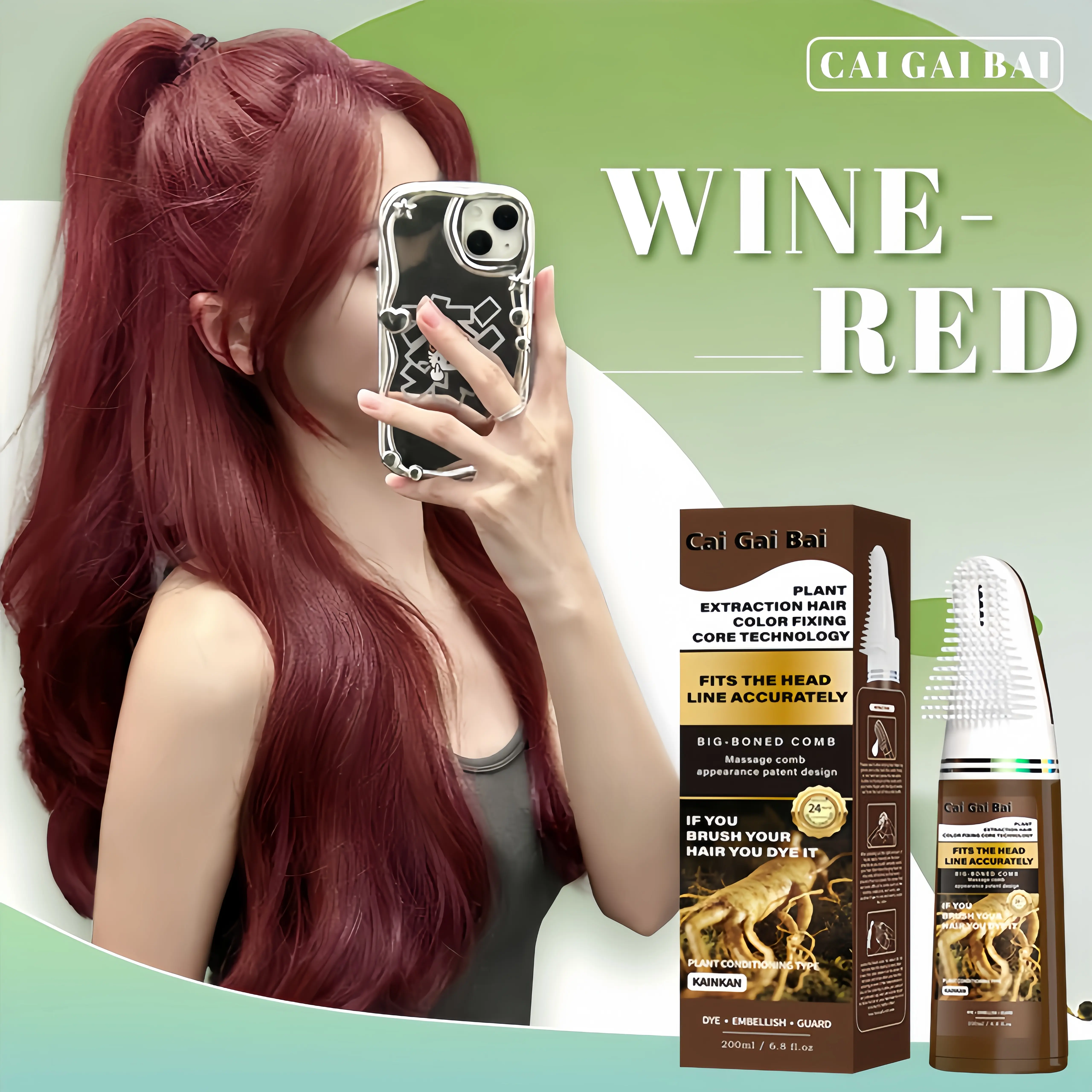 Cai Gai Bai Plant Extraction Hair Dye with Zingiber Officinale Root Extract for Long Lasting Natural Color and Hair Nourishment Hair Dyeing Hair Coloring(Wine Red) Cover Grey Hair Comb