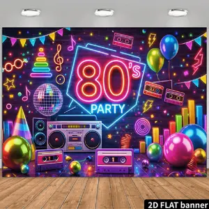 2D Flat Banner Polyester Photography Backdrop, HD Digitally Printed Retro 80s Party Neon Lights Disco Boombox Cassette Tapes Design, Soft Lightweight Foldable Background Cloth for Birthday Parties, Photo Booths, Video Studio, and