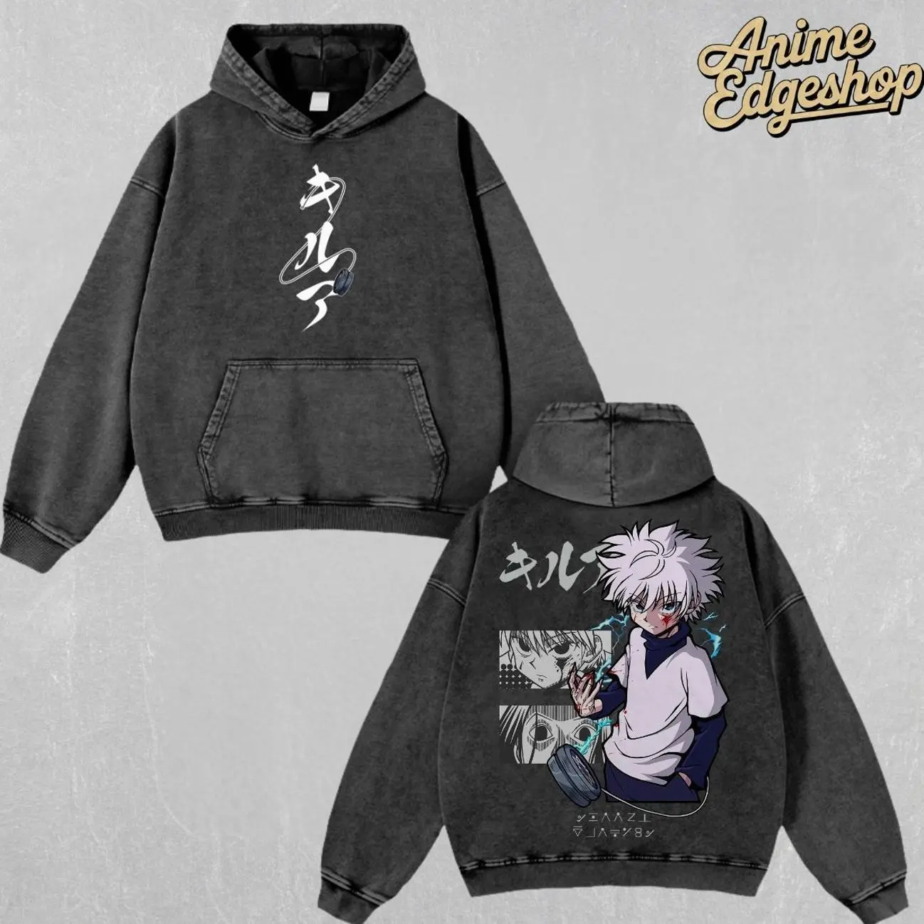 Retro Vintage Killua Zoldyck Oversized Washed Hoodie , Hunter x Hunter Anime Streetwear Outfits, Heavyweight Cotton Unisex Graphic Tee Top, Gift For Him & Her Manga Lover, Halloween gift  TBS