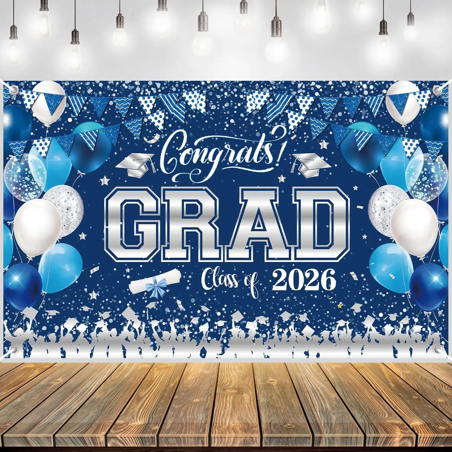 Blue Graduation Backdrop 2026 Class of 2026 Backdrop Congrats Grad Banner for High School College Ceremony Photo Wall Decor with Glitter -Gray Design Graduation Party Supplies Decor 71x43 Inch