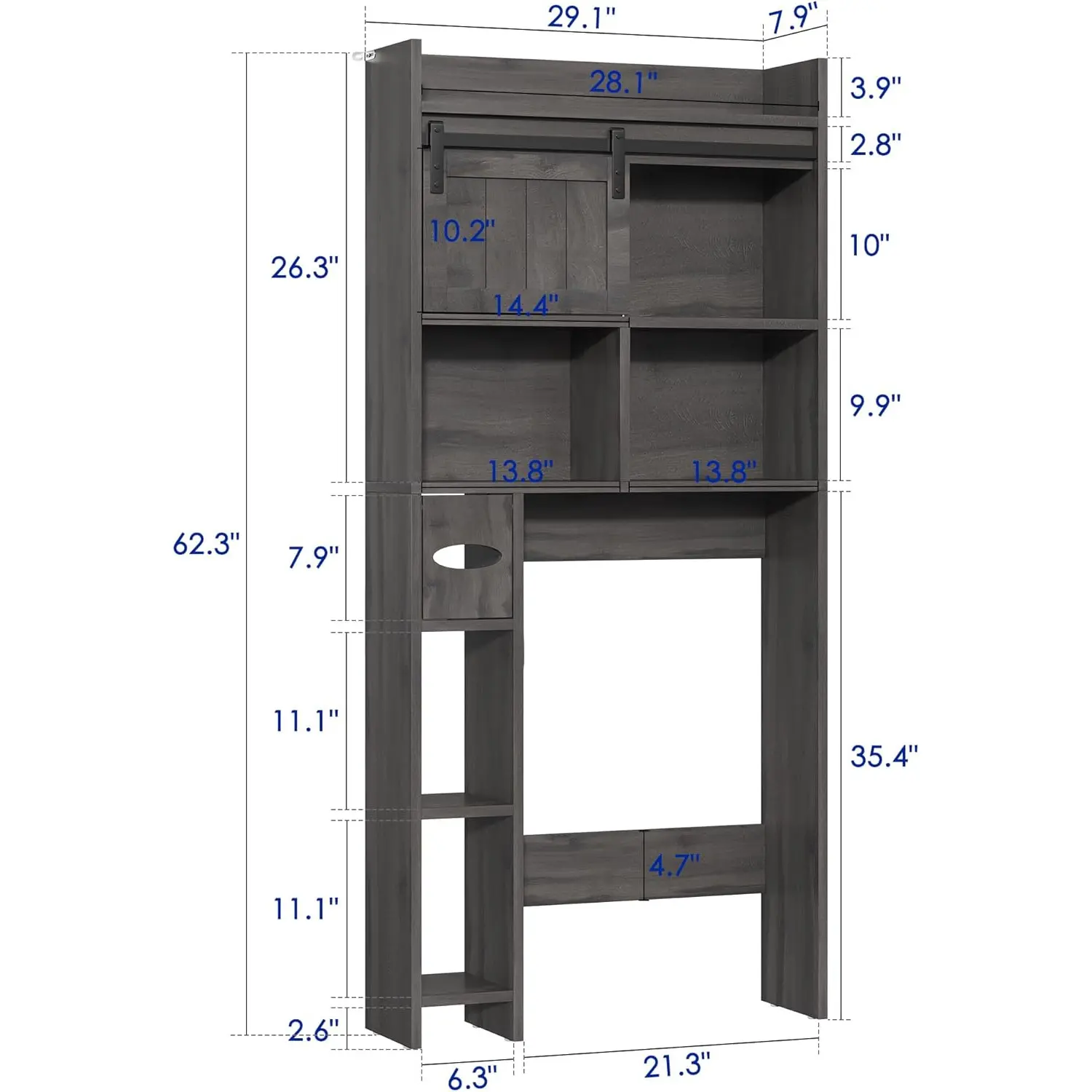 Locker above the Toilet, Sliding Door and Toilet Rack with Toilet Paper Holder, Toilet Rear Storage Rack Suitable for Bathroom, with Side Storage Rack, Dark Gray